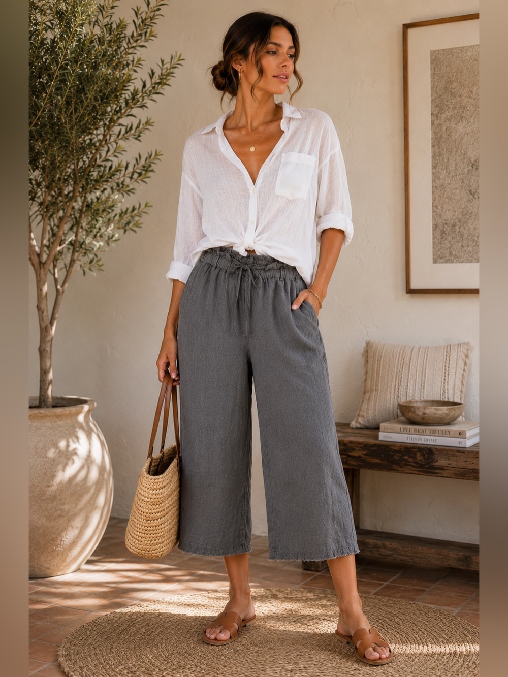 Cloth & Stone Anthropologie 100%‎ Linen Grey Cropped Capri Wide Leg Pants